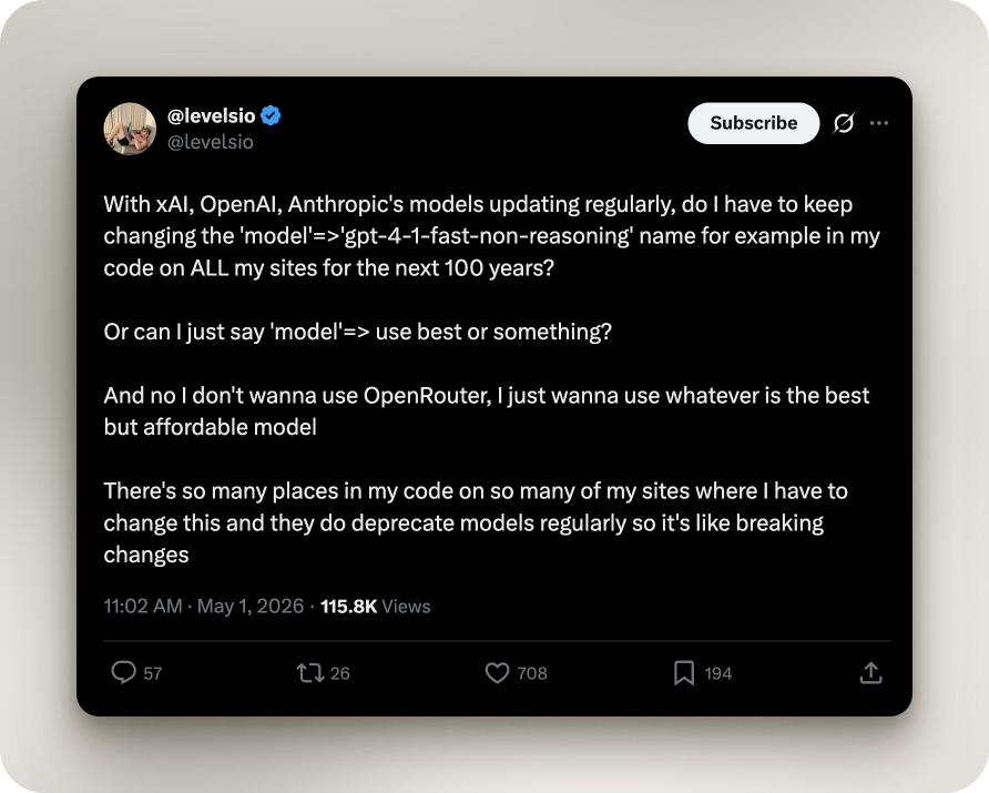 Screenshot of a developer post describing the frustration of changing AI model names across many sites when providers update or deprecate models.